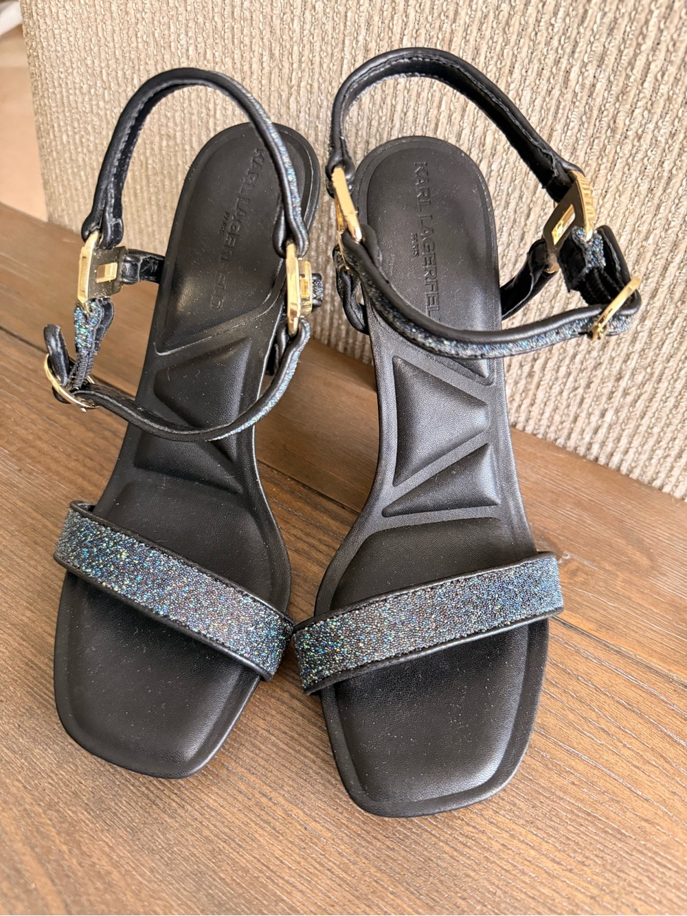 Karl Lagerfeld Black Sandals with Multi-Color Glitter Strap